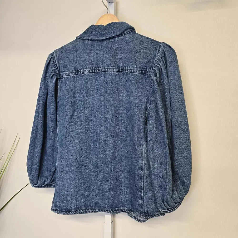 NWT Zara Women's Denim Blouse with Puff Sleeves large - Picture 4 of 5